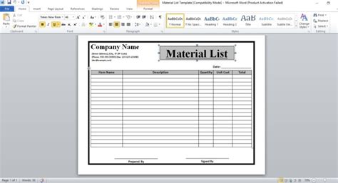 professional material list template excel tmp