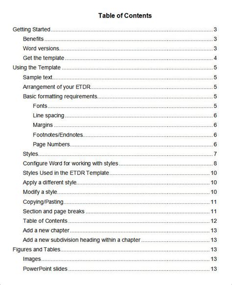 table  contents   google docs