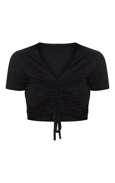 black jersey ruched front crop  shirt tops prettylittlething