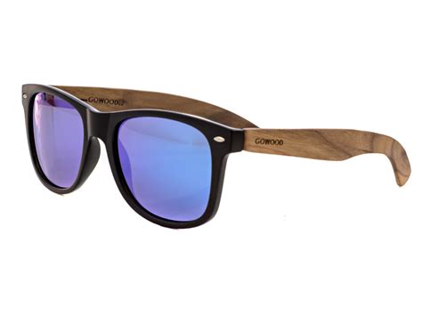 walnut wood wayfarer sunglasses with blue mirrored lenses go wood