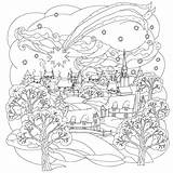 Christmas Coloring Winter Town Adult Village Pages Beautiful Little Flies Simple Star Over sketch template