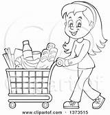 Shopping Cart Pushing Groceries Cartoon Clipart Woman Happy Illustration Grocery Royalty Visekart Man Vector Bag Printable Lineart Character Poster Print sketch template