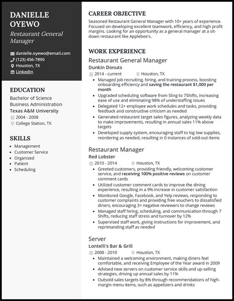 restaurant general manager resume examples