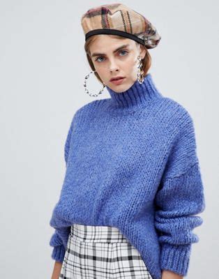 bershka high neck oversized knitted sweater  blue asos