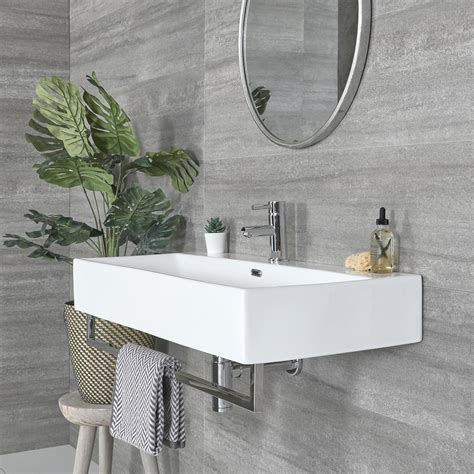 lavabo suspendido moderno rectangular blanco mm  mm  barra porta toallas cromada