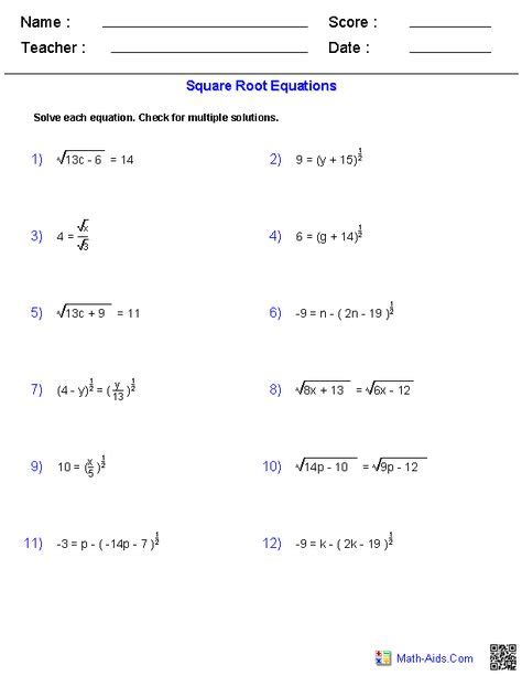 square root equations worksheets math aidscom algebra  worksheets