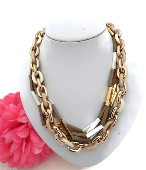 Chunky Layered Gold Beige Cream Bead Chain Link Necklace Statement