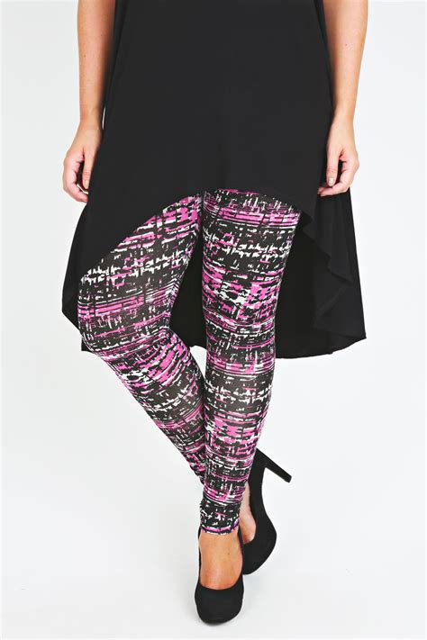 black and pink print viscose elastane leggings plus size 16 18 20 22 24 26 28 30 32