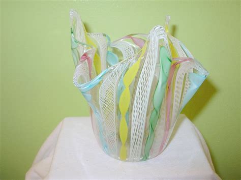 Murano Latticino Venetian Art Glass Vase Ribbon Lace From