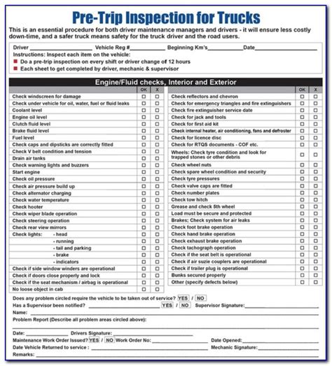 truck driver pre trip inspection form universal network