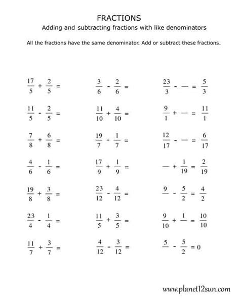 printables  kids math fractions worksheets adding