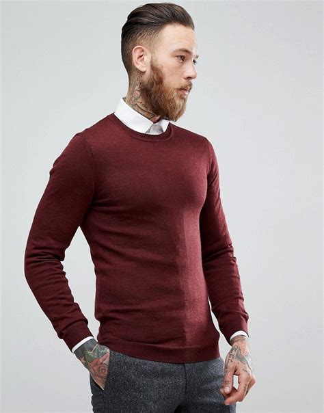 asos muscle fit merino wool sweater  burgundy red sweater outfits men winter outfits men