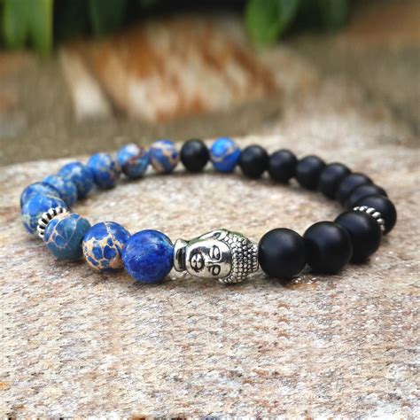 sn0268 mens buddha mala bracelet imperial blue stone black onyx