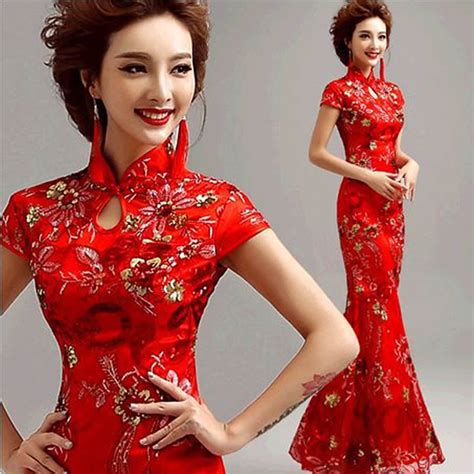 modern chinese traditional dress red long qipao lace mermaid bride