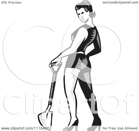 Clipart Retro Woodcut Pinup Woman Standing With A Shovel