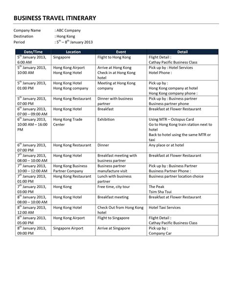 printable business travel itinerary template detailed travel itinerary