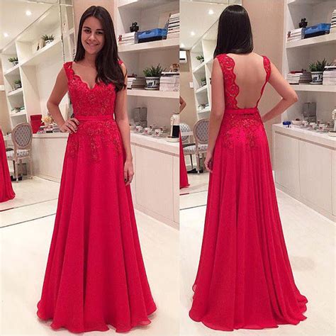 free shipping open back red lace prom dress v neck graduation dress
