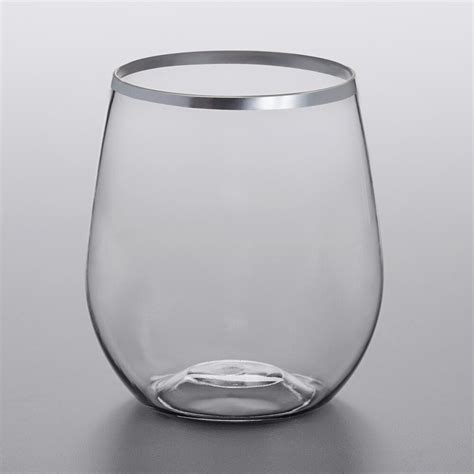 silver visions 12 oz clear plastic stemless wine glass with silver rim