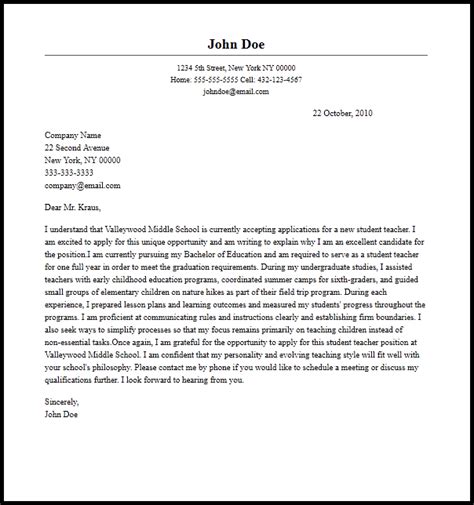 professional student teacher cover letter examples