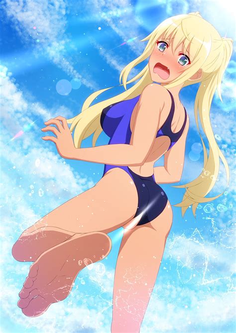 safebooru 1girl ass barefoot blonde hair blue eyes blue sky blue