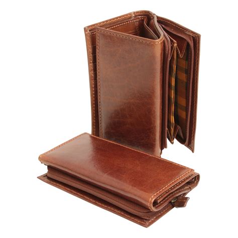 leather trifold wallet  coin pocket  zipper brown ma