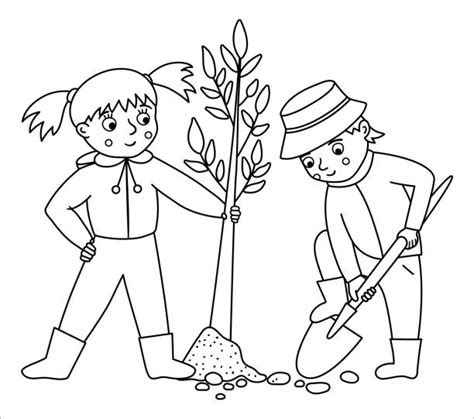 boy planting tree cartoon illustrations royalty  vector graphics