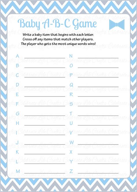 baby abcs baby shower game  man baby shower theme  baby boy blue gray celebrate