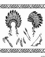 Native American Coloring Symbols Pages Adult Indian Americans Adults Indians Printable Feather Axe Hat Cherokee Archer Arrows Source 123rf Color sketch template