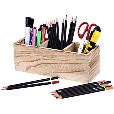 holder  desk wood pencil holder compartments organizer storage office ebay
