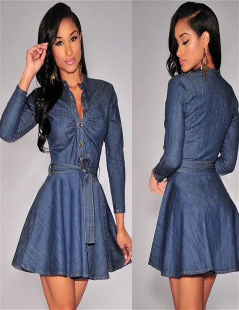 r80090 2015 autumn style long sleeve slim blue jean dresses for women