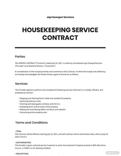 the house keeping service contract form is shown in this document, it