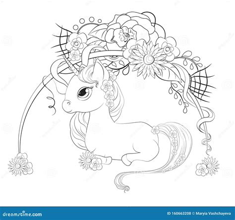 unicorn  flower coloring book stock vector illustration