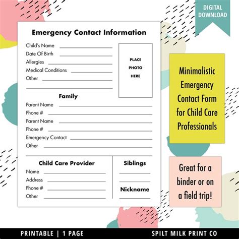 emergency contact form digital  daycare child etsy