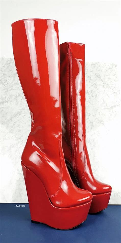 Red Patent High Heel Wedge Long Boots Boots Patent High Heels High