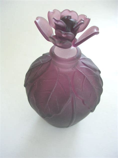 Vintage Deep Purple Glass Carved Flower Perfume Bottle W Flower Stopper