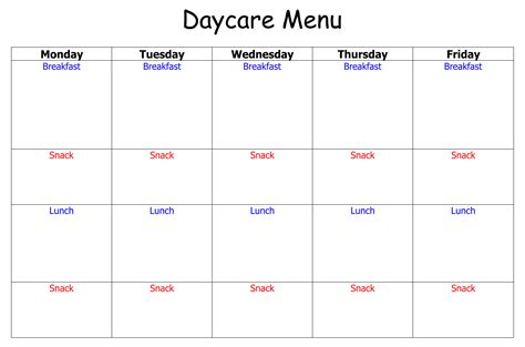 daycare menu template   template printable