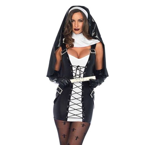 2019 sexy sleeveless leather halloween nun costume for women black lace up fancy dress nuns