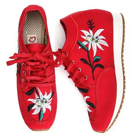 flower pattern heel increasing canvas retro lace  casual shoes