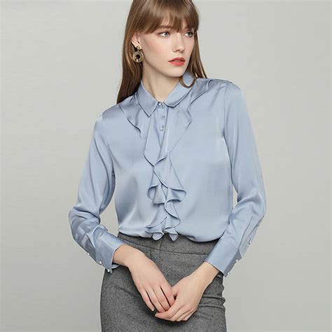 heavy silk blouse women shirt elegant design ruffles long sleeves  colors office work top