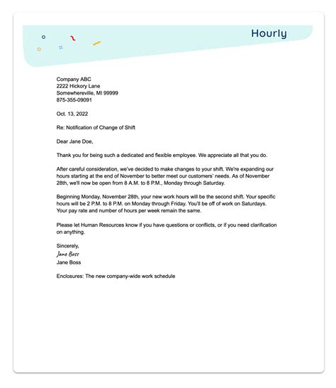 work schedule change notice letter template  businesses hourly