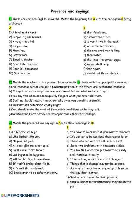 proverbs  sayings adages worksheet