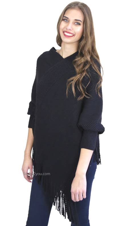 nora fringe hem cape sweater with sleeves in black [k4711