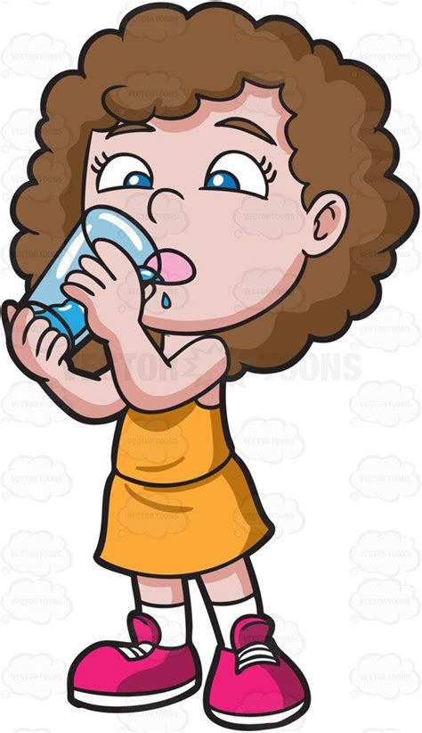 A Thirsty Girl Drinking Water From A Glass Cartoon Clipart