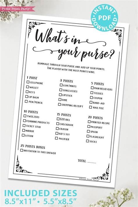 whats   purse shower game printable press print party