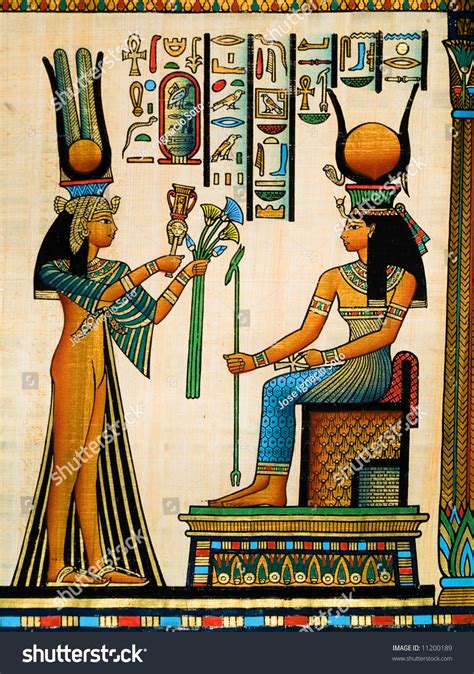 Papyrus Showing Queen Nefertari Making Offering Stock
