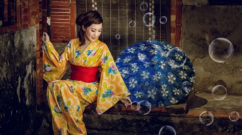 wallpaper japanese girl kimono bubbles umbrella 1920x1200 hd picture