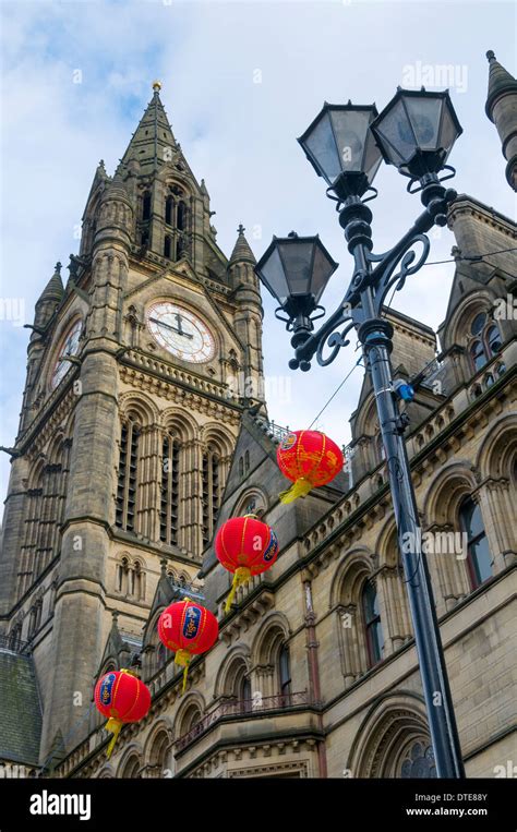 manchester town hall alfred waterhouse   chinese lanterns albert square manchester
