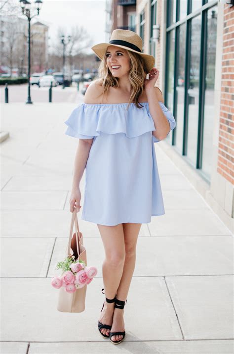 girly spring outfit stripe off shoulder dress by lauren m