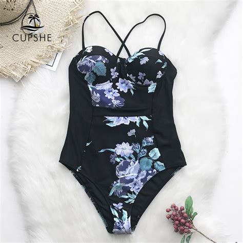 cupshe black floral print one piece swimsuit women push up moulded cups