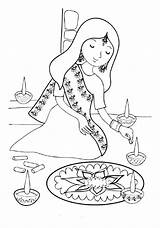 Festival Diwali Coloring Deepavali Drawing Rangoli Girl Colouring Pages Painting Getdrawings Print sketch template